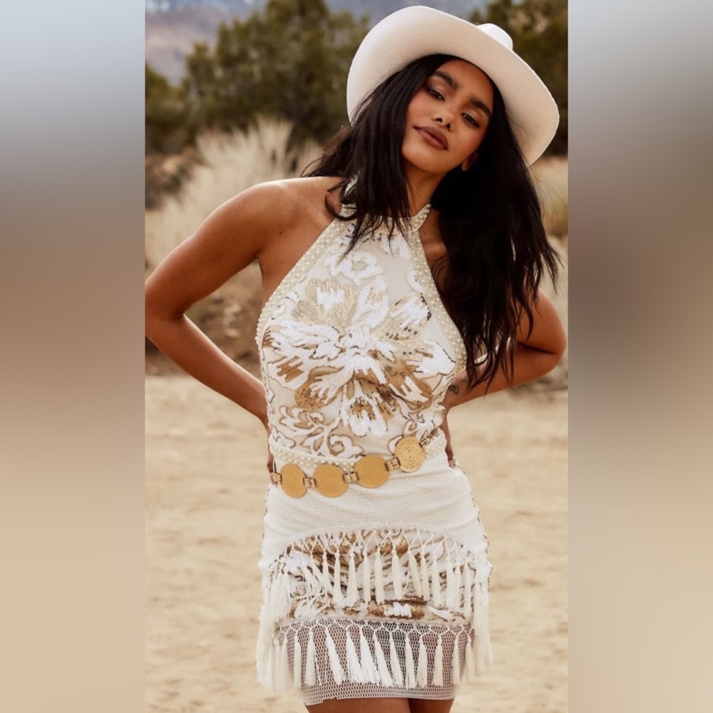 12th Tribe LIKE GOLD DUST WHITE SEQUIN FRINGE DRESS